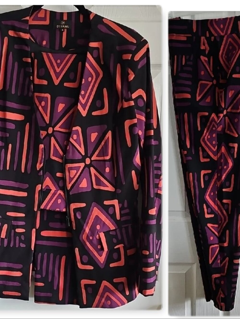 D'lyanu pants Set. Black Geometric Print Women's Blazer - Pink & Purple Pattern